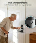 Sleek Matte Black Smart Deadbolt With Dual Lever Handles And Rock Solid App Control Plus No Sweat Keyless Entry Passcodes Apple Watch Pairing And Fast Auto Lock For Smooth Home Security with built-in alarm being used by an elderly man.