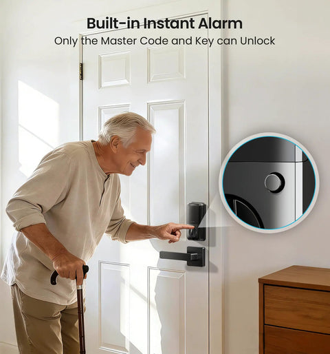 Sleek Matte Black Smart Deadbolt With Dual Lever Handles And Rock Solid App Control Plus No Sweat Keyless Entry Passcodes Apple Watch Pairing And Fast Auto Lock For Smooth Home Security with built-in alarm being used by an elderly man.