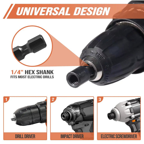 16 Pack One Quarter By Two Inch Hanger Bolts With Driver Bit Heavy Duty Threaded Fastener Kit For Furniture Build Out And Diy Projects No Sweat Assembly Rock Solid Grip Every Time, showing 1/4" hex shank for electric drills.