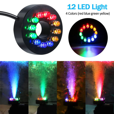 LED display on Submersible Fountain Pump With Bright LED Lights 220 GPH 15W 900 LPH showing colorful water streams