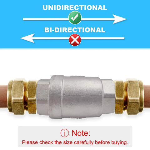 GUXGUY 1/2 in stainless steel vertical check valve installed inline between copper pipes with brass fittings