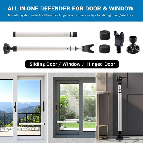 Heavy Duty Sliding Door Security Bar 23 To 47 Inch Adjustable With Anti Slip 360 Degree Base shown with components and installed on door.