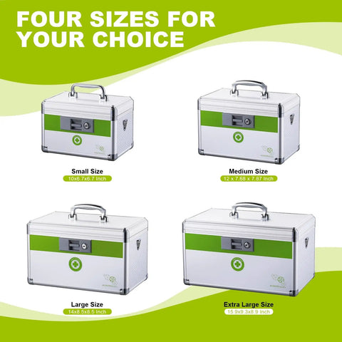 Four sizes of medicine lock boxes with adjustable shoulder strap and child safety lock, aluminum alloy and MDF construction