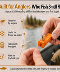 Magnetic Fly Threader 4 Slot Precision Tool Bright Orange For Fly And Ice Fishing Lightweight Plastic Hook Threader With Keychain shown in use by the river.