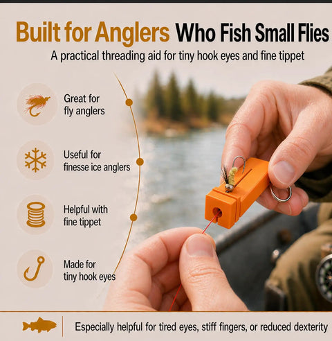 Magnetic Fly Threader 4 Slot Precision Tool Bright Orange For Fly And Ice Fishing Lightweight Plastic Hook Threader With Keychain shown in use by the river.
