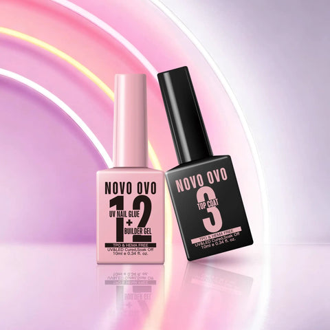 2 In 1 UV Nail Glue And Builder Gel For Tips And Acrylics, No Wipe Top Coat Kit, HEMA Free, TPO Free, pink and black bottles
