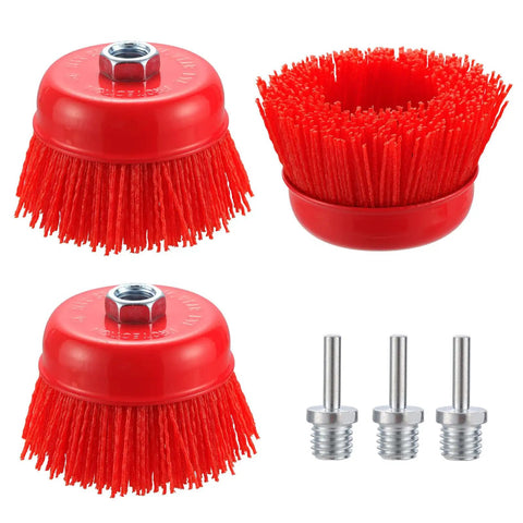 4 Inch Nylon Filament Cup Brush Set, 3 Pack With 5/8 Inch-11 Thread For Angle Grinder And 1/4 Inch Drill Shank Arbor