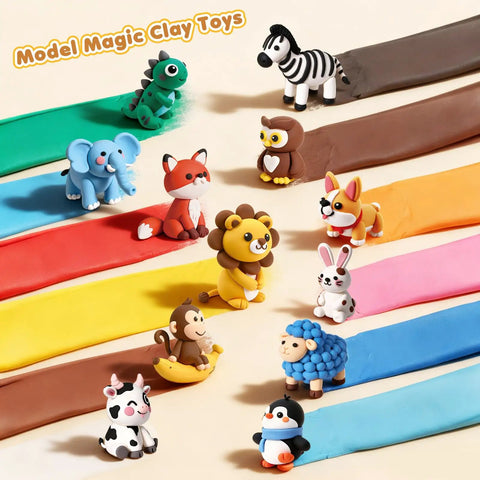 Air Dry Clay Kit For Kids With 12 Animal Crafts Colorful Modeling Clay And Sculpting Tools Step By Step Tutorials Safe Nonstick Diy Art Set Kid Friendly Fun Easy To Use Perfect Gift For Ages Three To Twelve Boys And Girls showing clay animal figures on colored strips