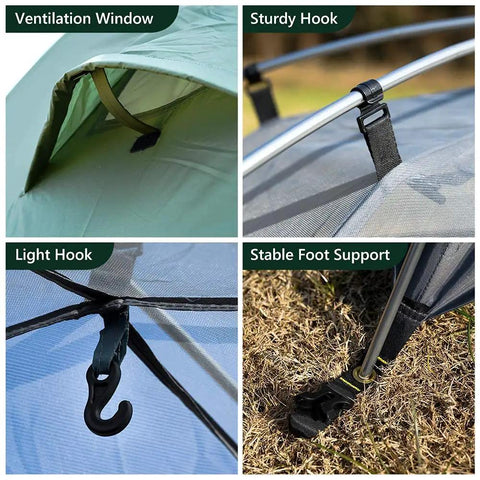 One Person Ultralight Backpacking Tent Waterproof Double Layer features ventilation window, hooks, and foot support.