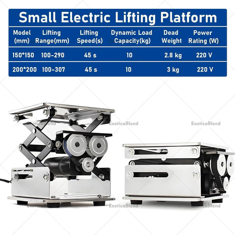 Heavy Duty Electric Scissor Jack Lab Table Lift Stand With 10Kg Capacity And Stainless Steel Platform For Adjustable Height Experiments In Modern Labs, small electric lifting platform with stainless steel finish and visible lift mechanism.