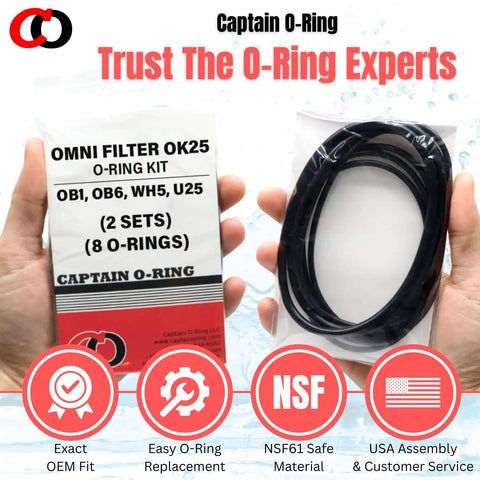 Hands holding OK25 Replacement O Ring Kit for OmniFilter OB1 OB6 WH5 U25 Water Filter Housings package and o-rings