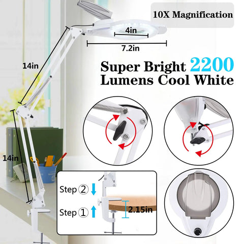 Bright LED Magnifying Lamp With Clamp And Stand 10X Magnifier 2200 Lumens Daylight Glow Dimmable Light Adjustable Swivel Arm White Finish Hands Free For Reading Crafts And Repair Work Close Up Vision