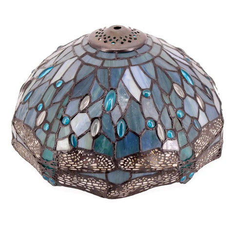 Sea Blue Stained Glass Dragonfly Tiffany Style Lampshade Replacement, 12 Inch Diameter X 6 Inch Height, Cap Included, Detail View