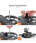 Expansion Bracket for Avata 2 FPV Drone shown in a 4-step installation process with camera mount and strobe light mount.