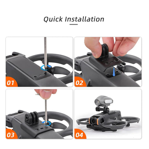 Expansion Bracket for Avata 2 FPV Drone shown in a 4-step installation process with camera mount and strobe light mount.