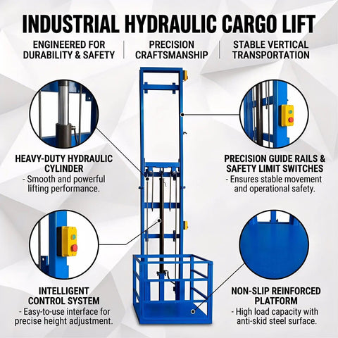 Heavy Duty Hydraulic Cargo Lift For Garage Or Warehouse With 2200 Lbs Load Capacity And Smooth Vertical Freight Elevator System showcasing components and features.