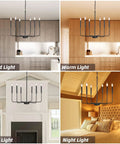 Black 6 Light Farmhouse Chandelier in various lighting; kitchen, living, and bedroom settings, adjustable height 66.9 inches.