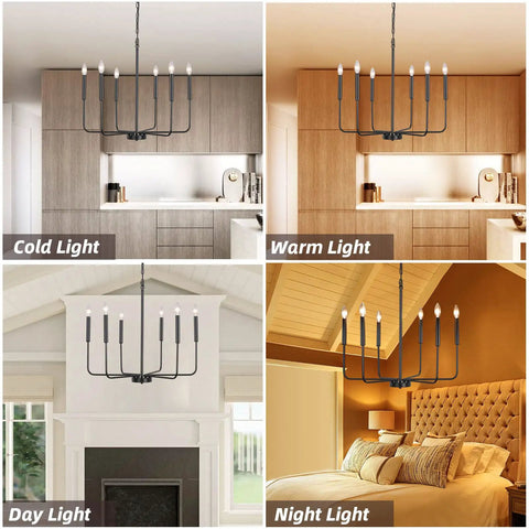 Black 6 Light Farmhouse Chandelier in various lighting; kitchen, living, and bedroom settings, adjustable height 66.9 inches.
