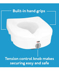 Heavy Duty Raised Toilet Seat With Handrails For Seniors And Handicap Assist Elongated Riser Adds Five Inches features built-in hand grips and tension control knob.