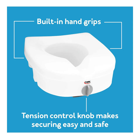Heavy Duty Raised Toilet Seat With Handrails For Seniors And Handicap Assist Elongated Riser Adds Five Inches features built-in hand grips and tension control knob.
