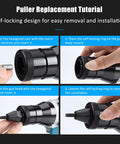 Puller replacement tutorial for Heavy Duty Cordless Electric Rivet Gun With 5200mAh Dual Batteries, showing self-locking installation steps.