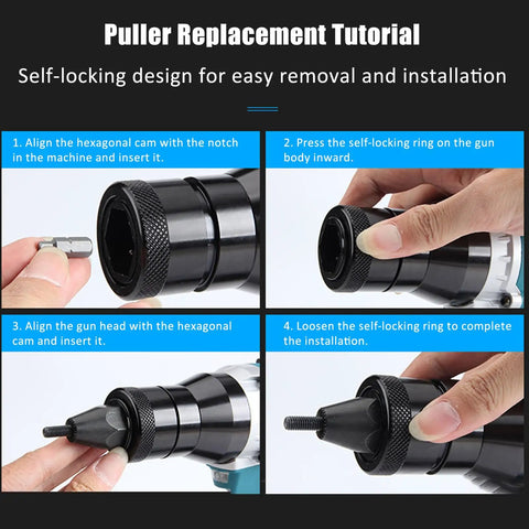 Puller replacement tutorial demonstrating steps for self-locking design installation in Heavy-Duty Cordless Rivet Nut Gun Bad Boy Kit.