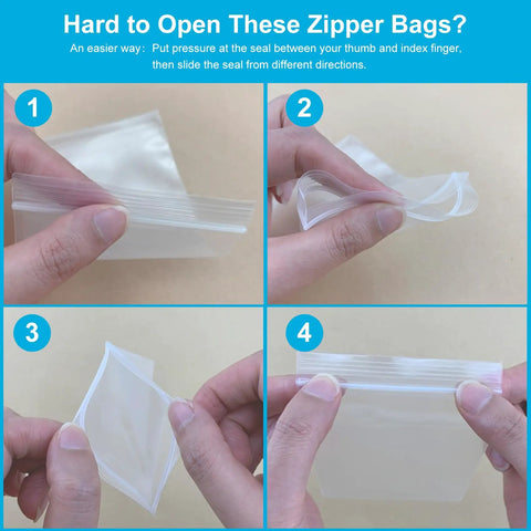 Instructions for opening 1.5 By 1.5 Inch Clear Plastic Reclosable Zip Bags 2 Mil Thick Pack Of 100 Resealable Lock Seal Poly Bags
