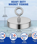 Beast Mode Neodymium Fishing Magnet with 1500 Lb pulling force, 4.7 inch diameter, shown with dimensions and icons for use.