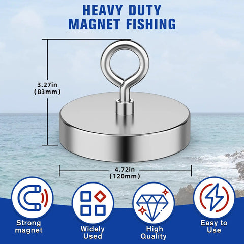 Beast Mode Neodymium Fishing Magnet with 1500 Lb pulling force, 4.7 inch diameter, shown with dimensions and icons for use.