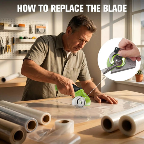 Man demonstrating blade replacement on Heavy Duty Cordless Electric Scissors With Four Sk5 Blades For Cardboard Leather And Fabric.