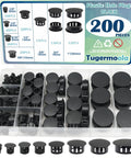Black Plastic Hole Plugs Set, 200 Pieces In Eight Sizes For Round Holes in packaging with size chart
