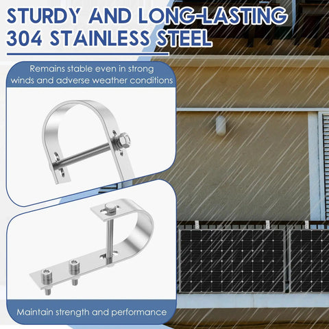 Close-up of Heavy Duty Solar Panel Balcony Bracket Kit with 2 pcs 304 stainless steel PV module mounting hooks during rainy weather