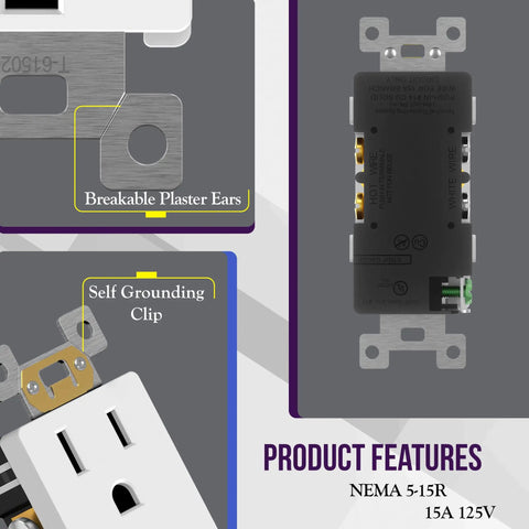 Five Pack Decorator Wall Outlet With 15 Amp Receptacle And Screwless Wall Plate showcasing breakable plaster ears and self grounding clip features.