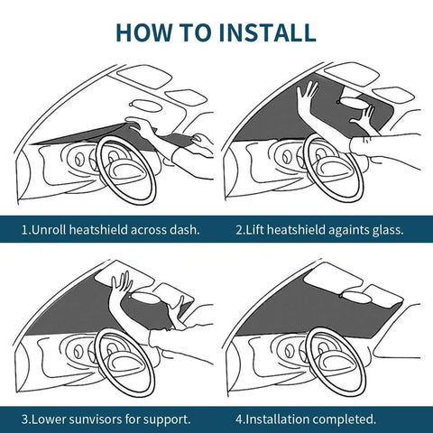 Diagram showing installation of Funny Windshield Sun Shade For Cars, UV Blocking Car Sun Shade, 51 X 27.5 Inches.