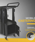 Two Tier Welding Cart With Locking Cabinet, Heavy Duty Shop Organizer, 31 In Long By 19 In Wide By 38 In High, 100 Lb Capacity, shown with open cabinet and swivel casters