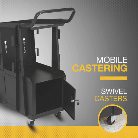 Two Tier Welding Cart With Locking Cabinet, Heavy Duty Shop Organizer, 31 In Long By 19 In Wide By 38 In High, 100 Lb Capacity, shown with open cabinet and swivel casters