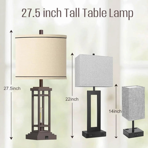 27.5 Inch Tall Farmhouse Table Lamps Set Of 2 With USB C And USB A Charging Ports Rustic Industrial Black End Table Lamps For Bedroom Living Room Nightstand Oil Rubbed Bronze Finish next to smaller lamps with dimensions.