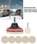 Car Glass Scratch Remover Kit With 100G Cerium Oxide Powder Windshield Scratch Repair Glass Polish Pads And Wheel Polishing Set shown in action