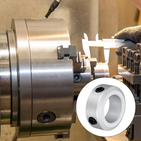 Machining setup with Aluminum Shaft Collar Set Screw Style Clamping Collars 16mm Bore Five Eighth Inch Silver Finish Built Tough