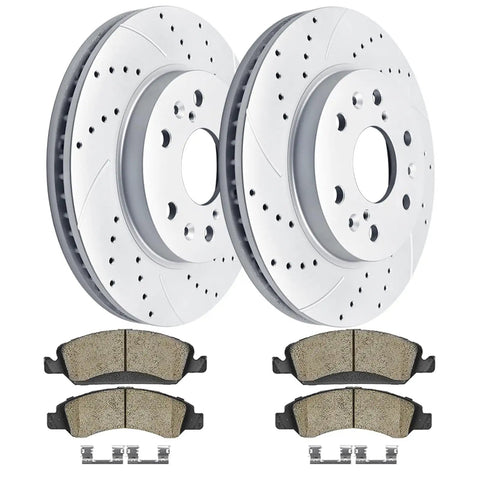 Front Brake Kit With Drilled And Slotted Rotors And Ceramic Pads For Cadillac Escalade, Chevy Silverado 1500, Tahoe, GMC Yukon