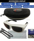 Badass Fiber Laser Safety Glasses Packing OD7 Protection For 532Nm And 1064Nm Waves displayed with protective case and cleaning accessories.