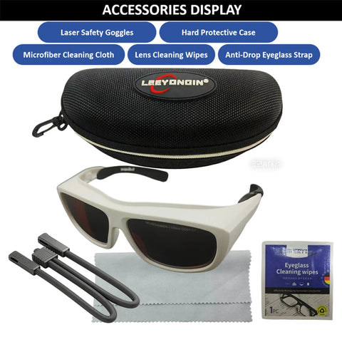 Badass Fiber Laser Safety Glasses Packing OD7 Protection For 532Nm And 1064Nm Waves displayed with protective case and cleaning accessories.