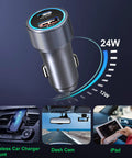 Dual Port USB C Car Charger 36W Hella Fast Charging Plug N Play Cigarette Lighter Adapter With PD QC 3.0 Power Delivery For iPhone 15 14 13 Samsung Galaxy S24 S21 iPad Pixel Road Trip Essential Grey side angle view with visual power indication.