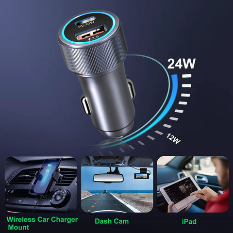Dual Port USB C Car Charger 36W Hella Fast Charging Plug N Play Cigarette Lighter Adapter With PD QC 3.0 Power Delivery For iPhone 15 14 13 Samsung Galaxy S24 S21 iPad Pixel Road Trip Essential Grey side angle view with visual power indication.