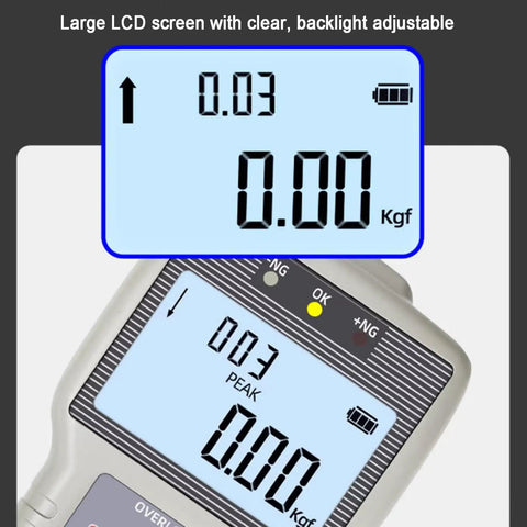 Portable Digital Force Gauge With Split Pulley Sensor For Rope Tension Testing, Wire And Belt Tension Meter, Auto Backlit LCD, Rechargeable, Three Unit Modes N Lb Kg, Resolution 0.001 Kg And 0.01 N, Range 50N To 2000N, close-up LCD display