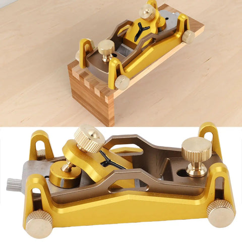 No Sweat Precision Woodworking Low Angle Hand Planer Featuring Adjustable Depth Settings And Heavy Duty Tool Steel Blade For Smooth Cuts And Clean Surfaces on a wooden surface, showcasing an aluminum alloy body.