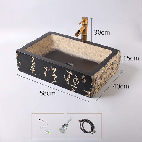 Kickstart Your Top Shelf Bathroom Refresh With This Retro Ceramic Vessel Sink Featuring Imitation Stone Finish And Including Faucet For Single Basin Above Counter Lavatory Vanity Setup, 58x40x15cm.