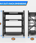 Front and side view of heavy duty 4 tier metal garage storage shelving unit with beefed up reinforced frame for maximum stability and high capacity organization adjustable shelves rust resistant finish easy assembly ideal for shop garage or home workshop with dimensions 70 inches height, 60 inches width, and 23.6 inches depth shown.