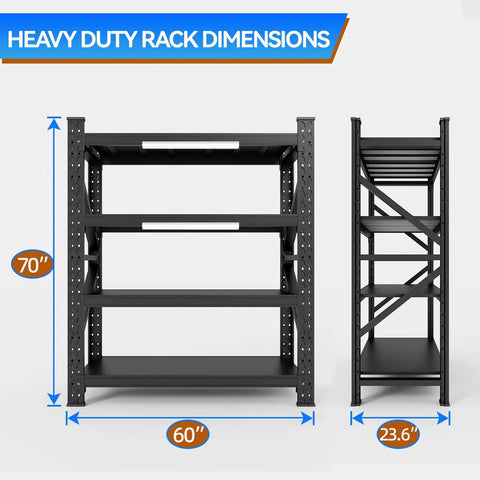 Front and side view of heavy duty 4 tier metal garage storage shelving unit with beefed up reinforced frame for maximum stability and high capacity organization adjustable shelves rust resistant finish easy assembly ideal for shop garage or home workshop with dimensions 70 inches height, 60 inches width, and 23.6 inches depth shown.