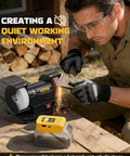 Built Like A Tank 3 Inch Mini Bench Grinder With Knockout Variable Speed Up To 10000 Rpm And Ac Adapter featuring a worker sharpening a tool.